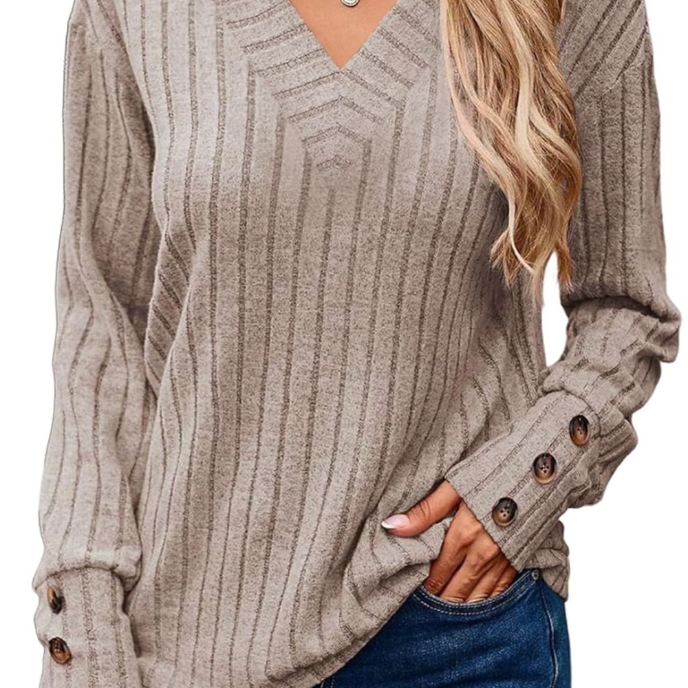 Beige Ribbed V-Neck Sweater
